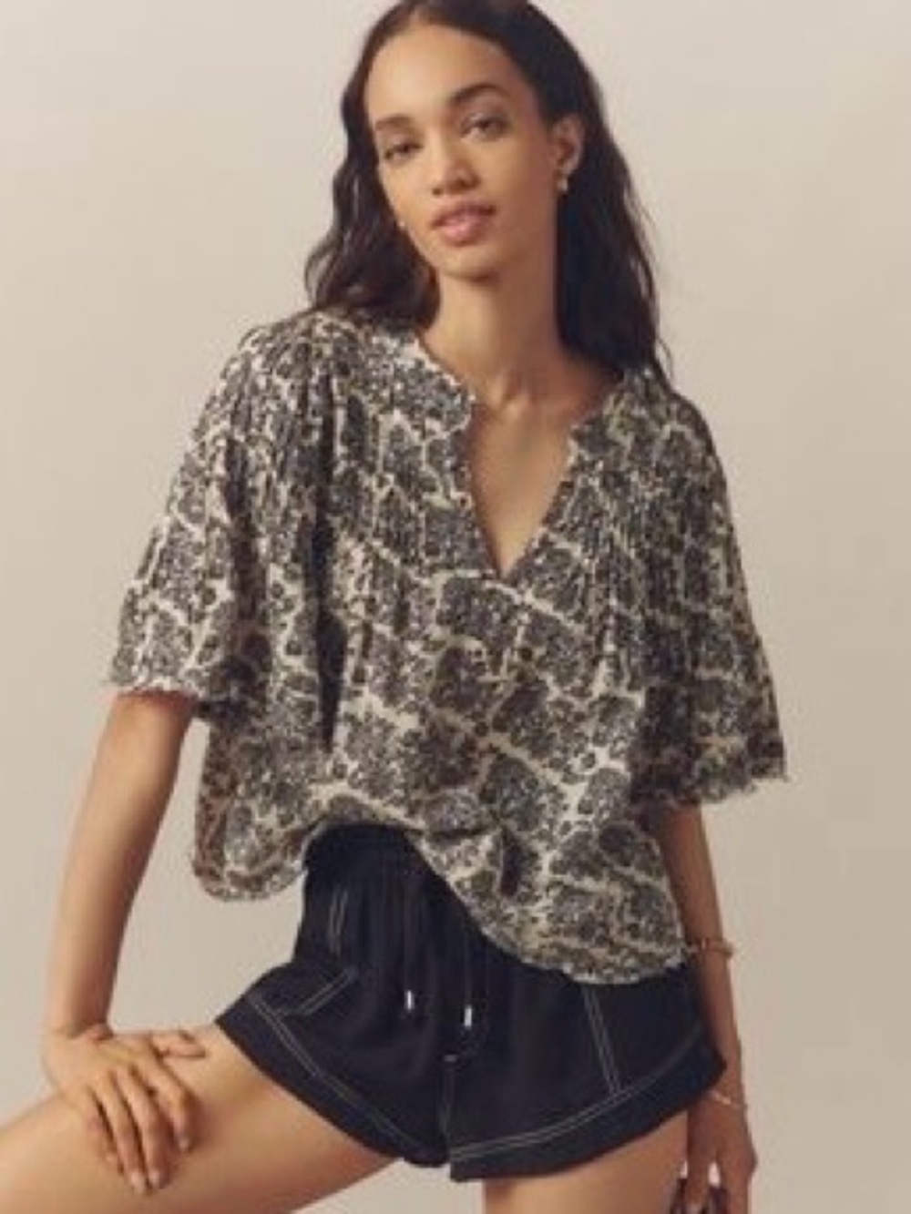 Anthropologie Black & White Floral V-Neck Blouse